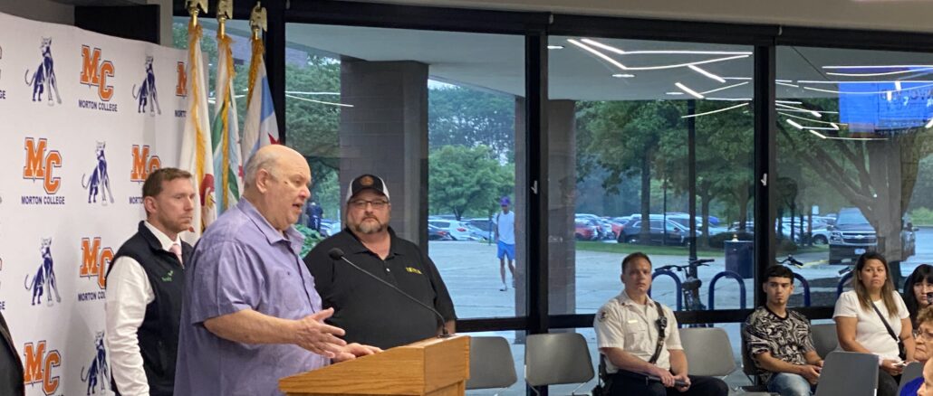 President Larry Dominick led the push to get FEMA to approve funding for Cicero flood victims. President Dominick speaks at a FEMA and County Emergency Management press conference Wednesday July 26, 2023 at Morton College called to inform residents of that effort.