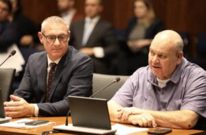 Cicero Town President Larry Dominick and Cicero leadership testify at Illinois House Committee hearing on regional flooding issues on Thursday October 12, 2023. Pictured are President Dominick and Town Attorney Michael Del Galdo
