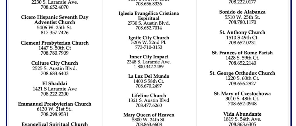 Town of Cicero Clergy Committee list of religious institution July 27, 2021