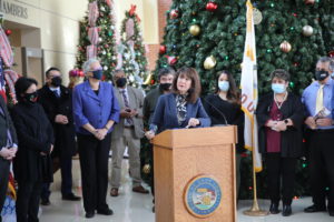 Congresswoman Marie Newman congratulates the Cicero and Berwyn for exceeding a 70 percent COVID vaccination rate at a press conference Monday, Dec, 6, 2021 at Cicero Town Hall.
