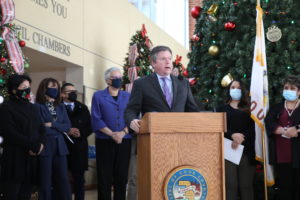 State Rep. Michael Zalewski congratulations the Cicero and Berwyn for exceeding a 70 percent COVID vaccinate rate at a press conference Monday, Dec, 6, 2021 at Cicero Town Hall.