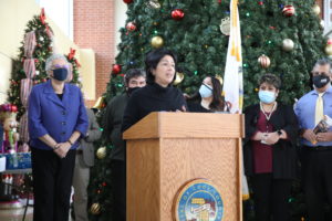 State Rep. Lisa Hernandez congratulates the Cicero and Berwyn for exceeding a 70 percent COVID vaccinate rate at a press conference Monday, Dec, 6, 2021 at Cicero Town Hall.