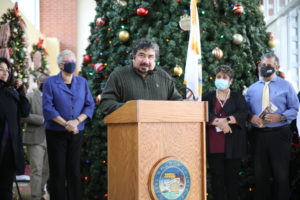 Cook County Commissioner Frank Aguilar congratulates Cicero and Berwyn for exceeding a 70 percent COVID vaccinate rate at a press conference Monday, Dec, 6, 2021 at Cicero Town Hall.