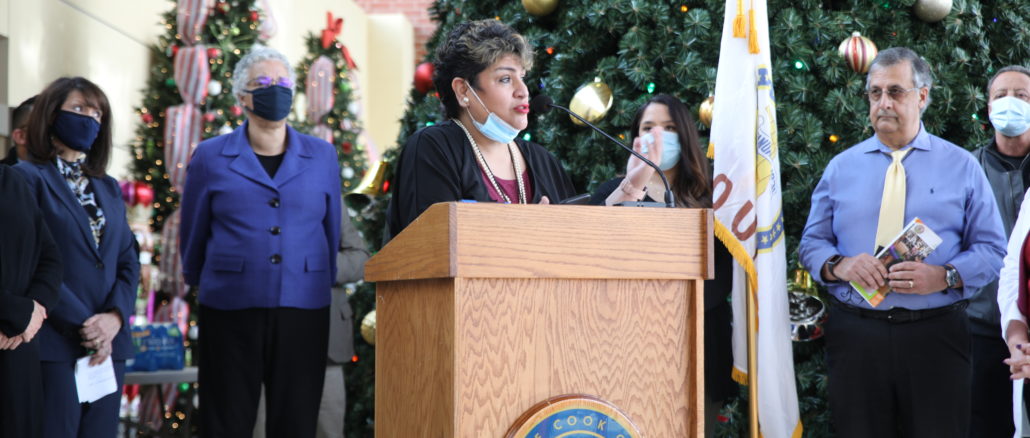 Cicero Clerk Maria Punzo-Arias congratulates Cicero and Berwyn for exceeding a 70 percent COVID vaccination rate at a press conference Monday, Dec, 6, 2021 at Cicero Town Hall.