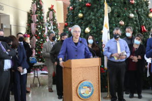 Cook County Board President Toni Preckwinkle announces that Cicero and Berwyn have exceeded 70 percent in COVID vaccinations at a press conference Monday, Dec, 6, 2021 at Cicero Town Hall.