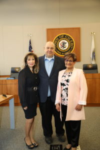 Senior Director Diana Dominick, Town President Larry Dominick and newly appointed Trustee Blanca Vargas at the board meeting March 22, 2022.