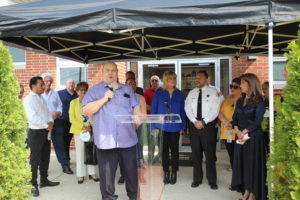 Town President Larry Dominick thanks the volunteers and donors for their support in renovating and upgrading Safety Town Park at the re-Grand Opening Ceremony, Wednesday, May 11, 2022