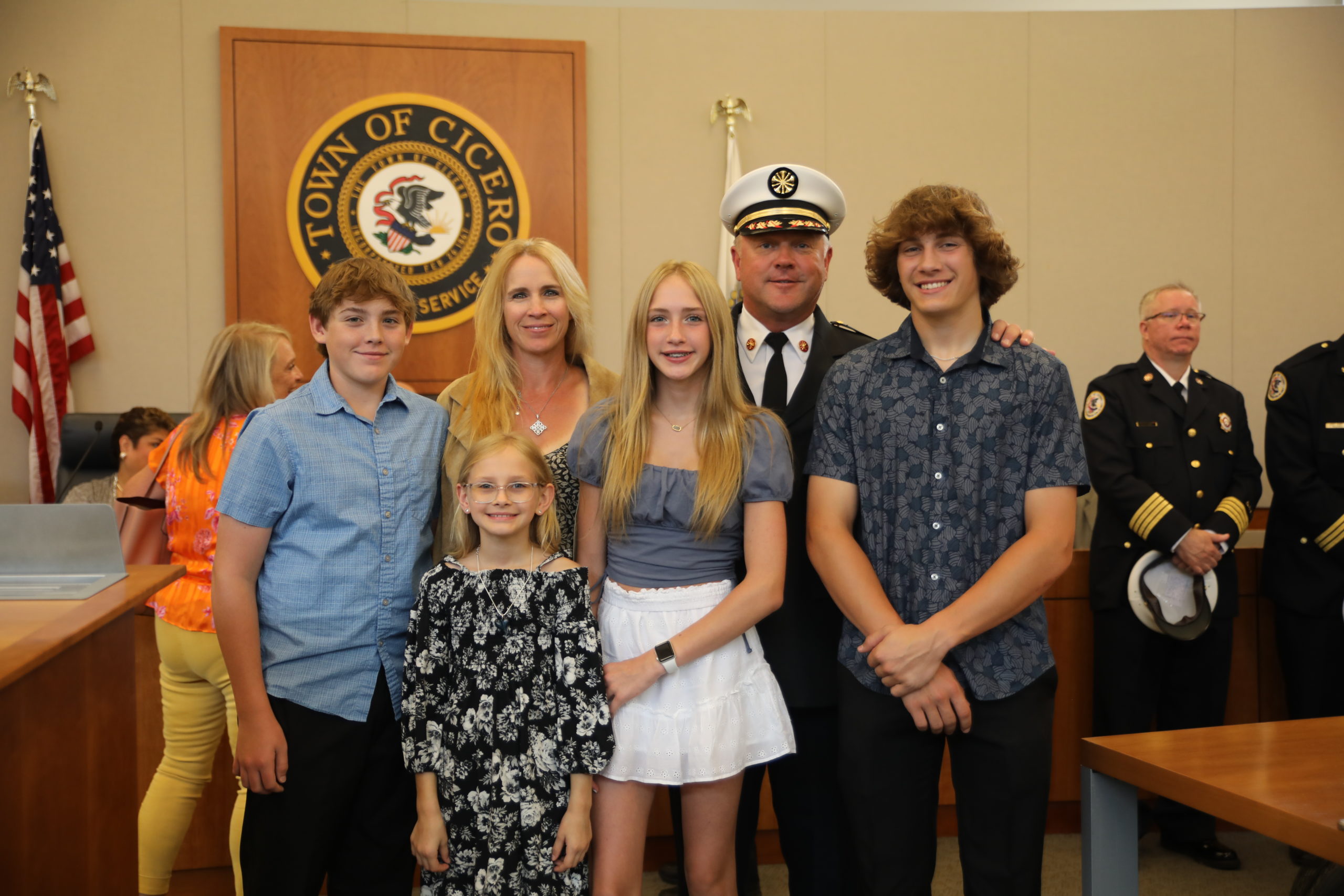 Newly appointed Cicero Fire Chief Jeffrey Penzkofer with his family