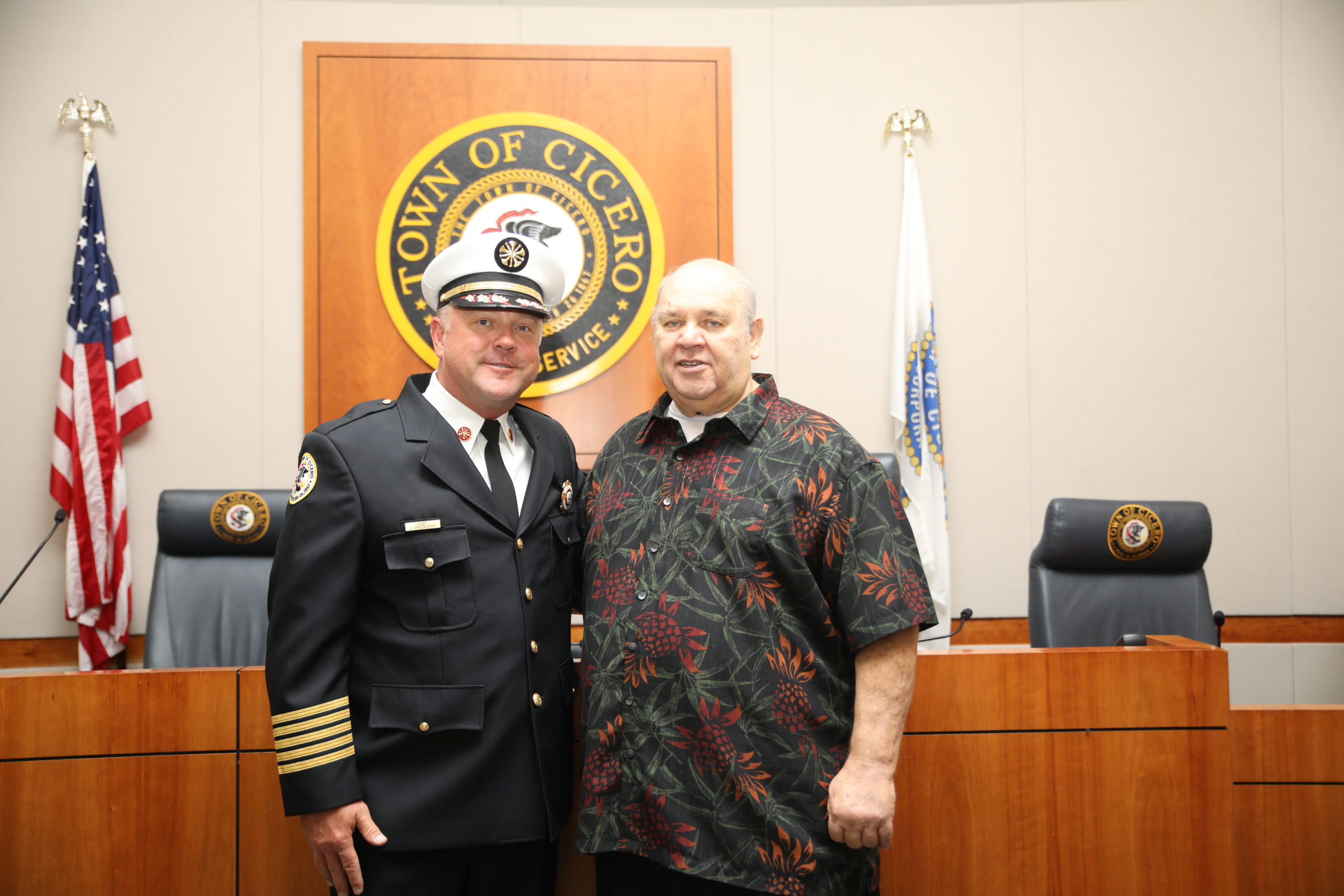 Cicero Fire Chief Jeffrey M. Penzkofer  with Cicero President Larry Dominick