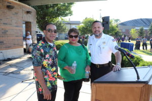 Cicero Trustee Victor Garcia and CLerk Maria Punzo-Arias pose with Cicero Chaplain Ismael Vargas at Cicero's annual Prayer Day celebration held at Cicero Community Park on July 14, 2022