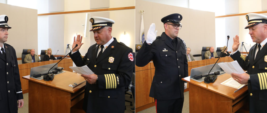 Cicero Fire Chief Jeffery Penzkofer administered the oath of office for the promotions of two firefighters. Fire Engineer Brian Mladek, who has been with the Cicero Fire Department 13 years, was promoted to Lieutenant. Firefighter Ben Zibutis, who has been with the Cicero Fire Department for eight years, was promoted to the rank of Engineer.
