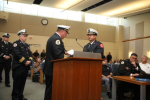Cicero Fire Chief Jeffrey Penzkofer administers the oath to Lt. James Guido who was promoted to the rank of Assistant Fire Chief if Fire Prevention at the Cicero Board meeting August 23, 2022