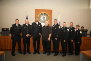 Town President Larry Dominick poses with members of the Cicero Police Department including newly promoted Sgt. Steven Kelly (3rd from Left) and Cicero Police Chief Jerry Chlada.