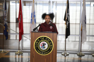 Morton High School Student Adriana Harris addresses the Town of Cicero commemoration for Dr. Martin Luther King Jr Jan. 11, 2023