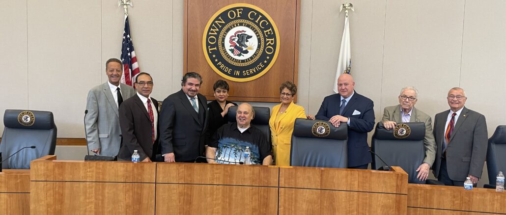 Cook County Commissioner Frank Aguilar with President Dominick and members of the Town of Cicero Board of Trustees, Tuesday Feb. 28, 2023