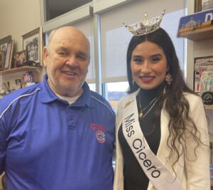 Town President Larry Dominick meets with Senorita Miss Cicero Natalie Baeza during a visit to Cicero Town Hall March 9, 2023
