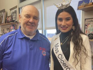 Town President Larry Dominick meets with Senorita Miss Cicero Natalie Baeza during a visit to Cicero Town Hall March 9, 2023