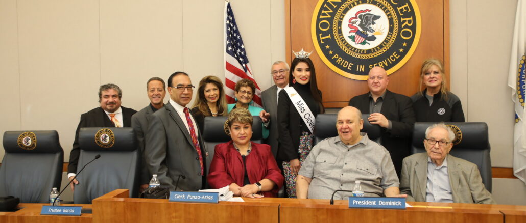 Senorita Miss Cicero Natalie Baeza poses with Town President larry Dominick and officials of the Town of Cicero at the board meeting March 28, 2023