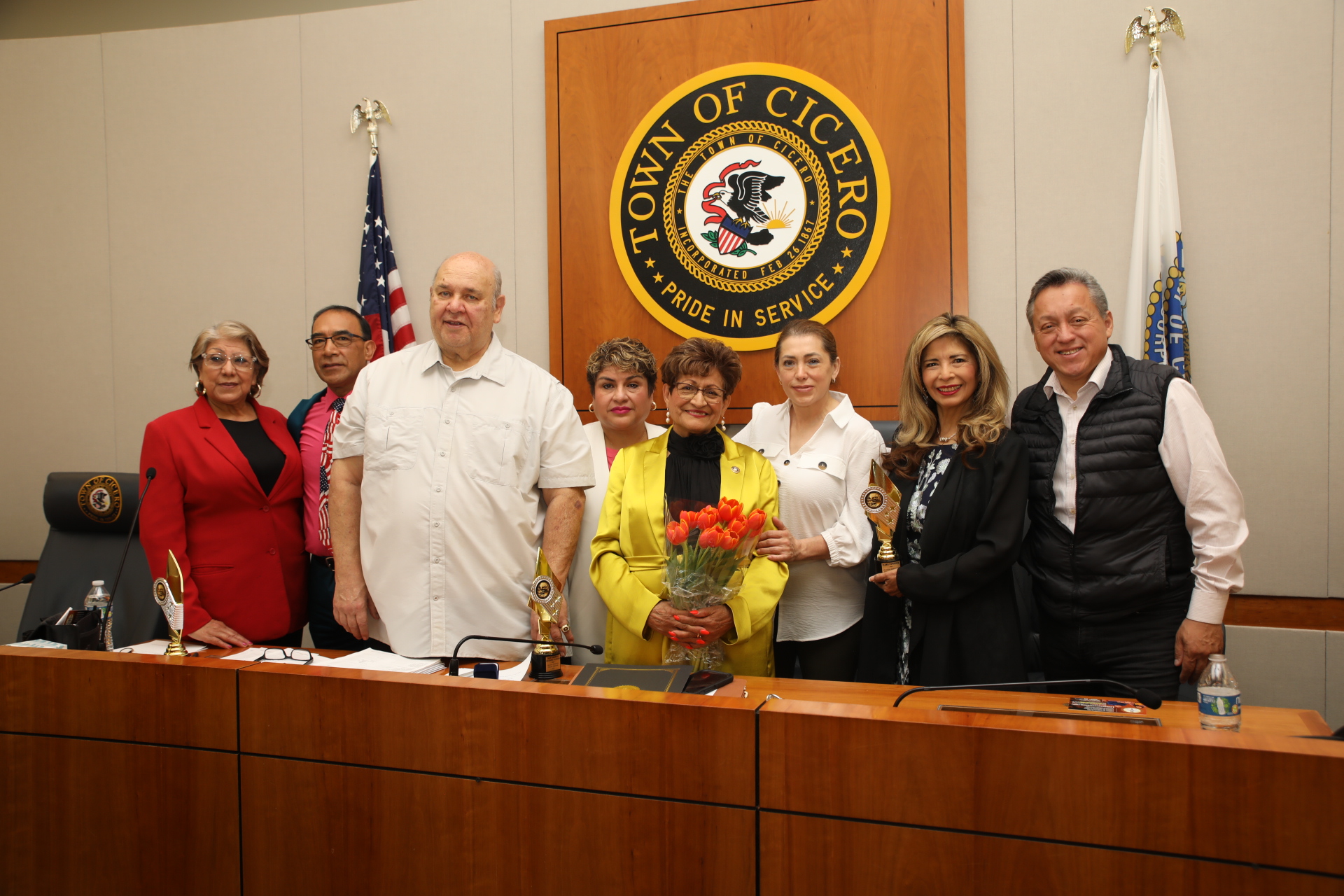 Trustee Blanca Vargas with President Dominick and officials and friends after being sworn in to office as a trustee at the may 9, 2023 board meeting