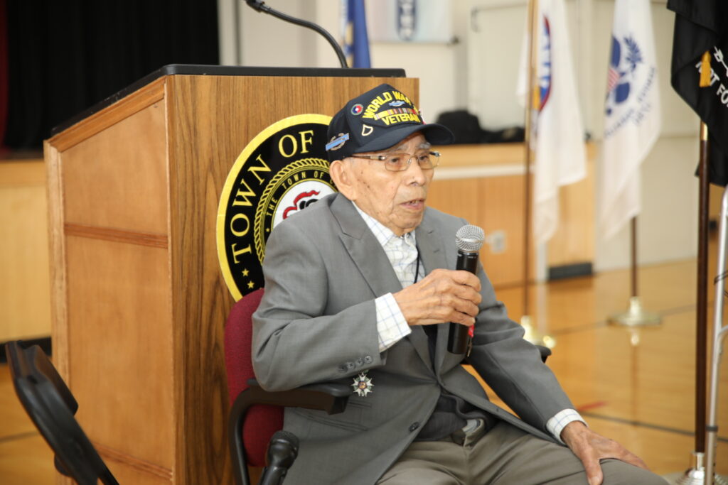 Veteran Benito Morales addressing attendees at the Town of Cicero Commemoration of Armed Forces Day May 24, 2023