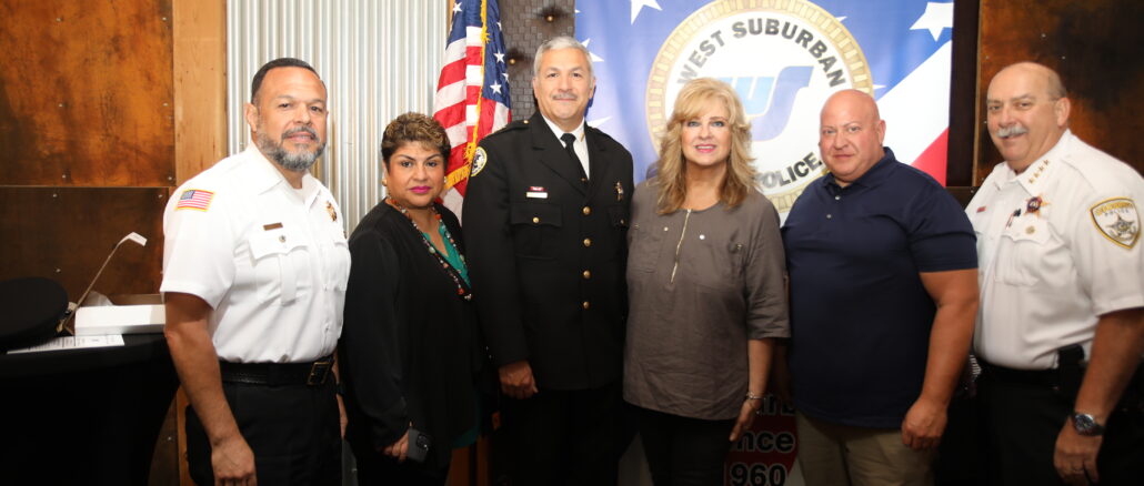 Chaplain Ismael Vargas, Clerk Maria Punzo-Arias, WSCPA President and Cicero First Deputy Police Chief Luis Gutierrez, Collector Fran Reitz, Assessor Emo Cundari, and Cicero Police Chief Tom Boyle.