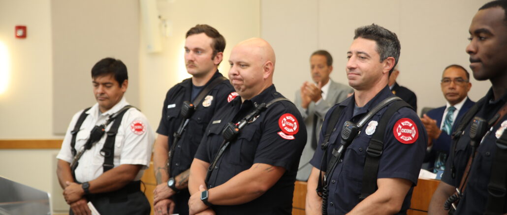 Cicero Fire Trucks lined up outside Town Hall during the September 12, 2023 board meeting as the Town and Fire Department officials presented commendations from the Cicero Fire Department Chief Jeff Penzkofer to eight firefighters and paramedics.