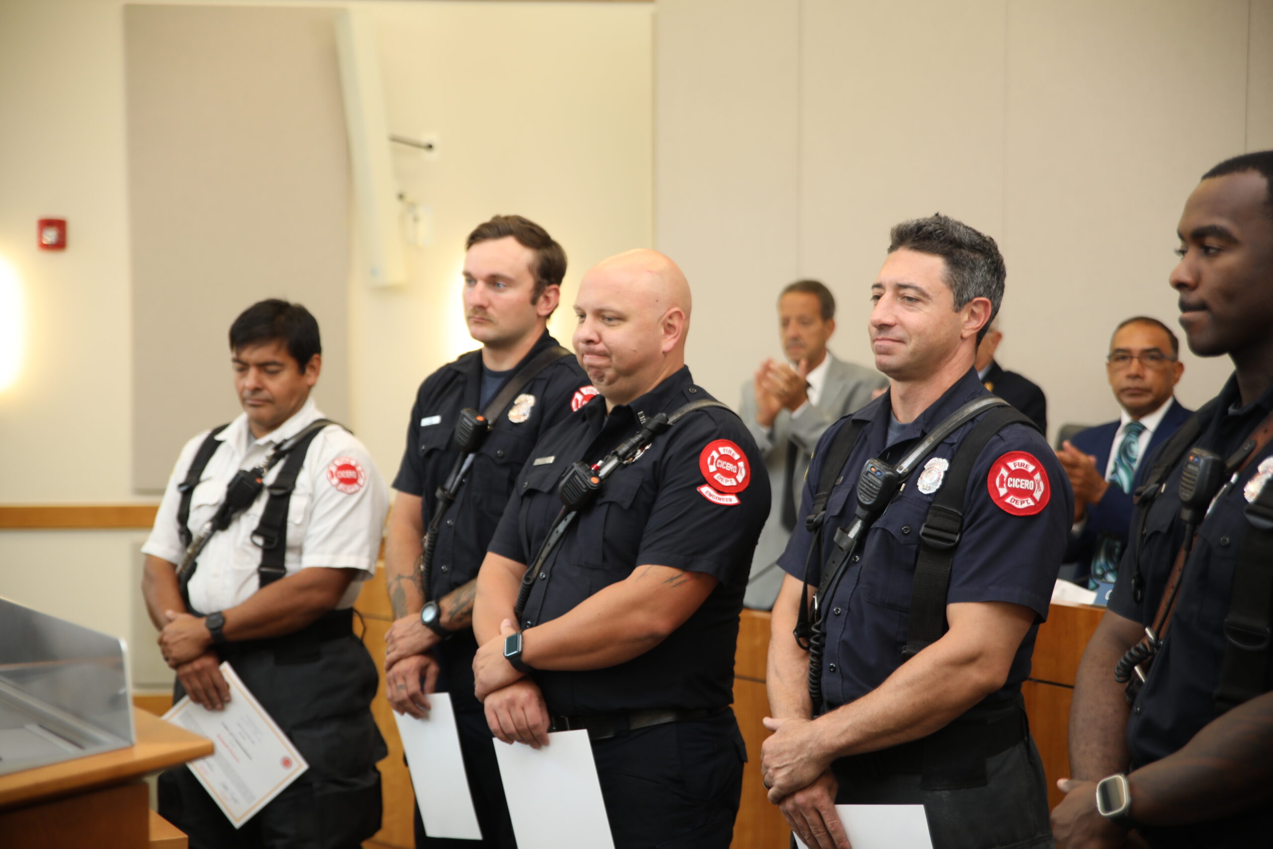 Cicero Fire Trucks lined up outside Town Hall during the September 12, 2023 board meeting as the Town and Fire Department officials presented commendations from the Cicero Fire Department Chief Jeff Penzkofer to eight firefighters and paramedics.