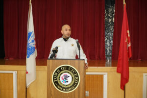 Cicero Police Department Operations Sergeant Victor Sandoval Jr., a US Army Veteran with the  Cicero Police Department for more than 25 years addresses the Town of CIcero at Veteran's Day on Wednesday Nov. 15, 2023