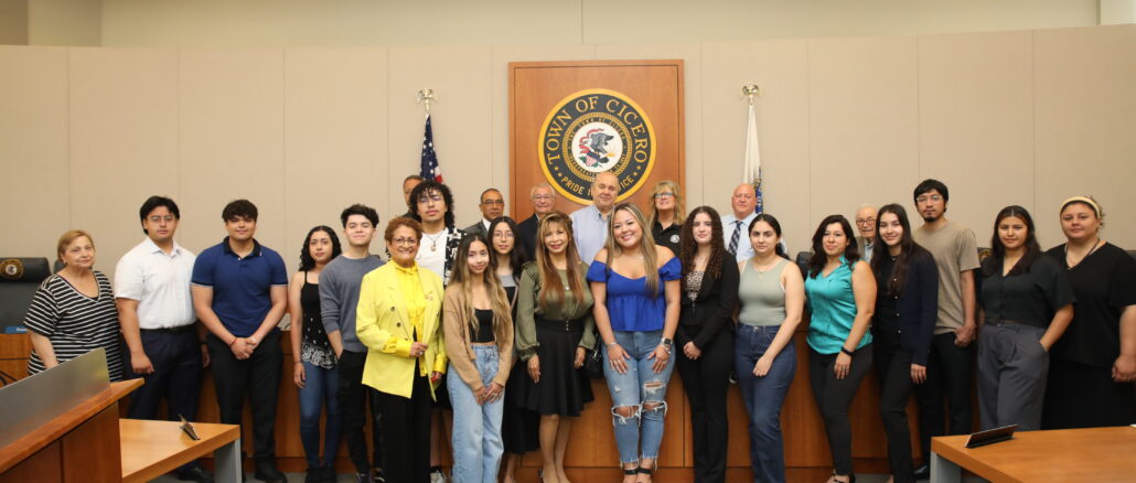 50 area students who received scholarships from LULAC in part as a result of support from the Town of Cicero and Town President Larry Dominick at board meeting July 9, 2024